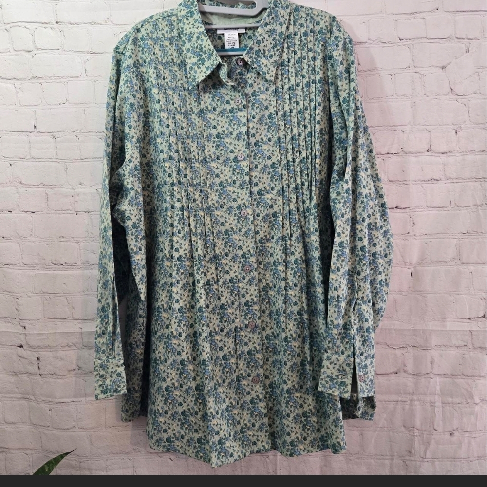 Vtg Two twenty Button Up Cotton Pintuck Blouse Sz 2XL Micro  Floral Cottagecore